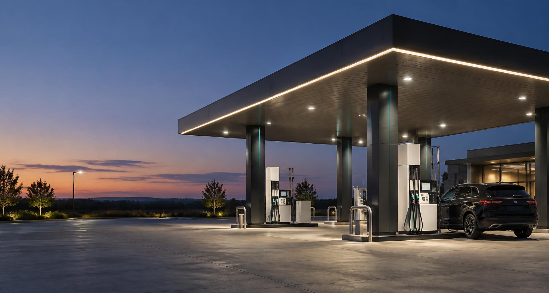 Modern fuel station forecourt with digital dispensers and a fleet vehicle at dusk